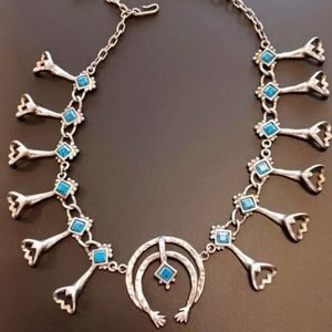 Silver tone Faux Turquoise  Necklace and Matching Clasp Earrings